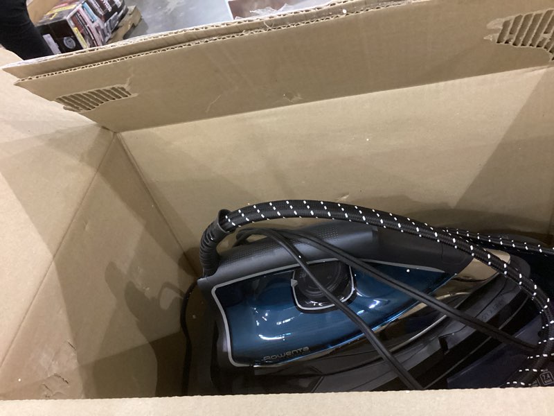 Condition photo showing As Is for Rowenta Steam Station, Stainless Steel Soleplate, Professional Iron Steamer for Clothes, 1.1L Removable Tank, Fast Heat Up, 1800 Watts, Blue Clothes Iron, DG8624 High Pressure Steam 55 Minute Run Time