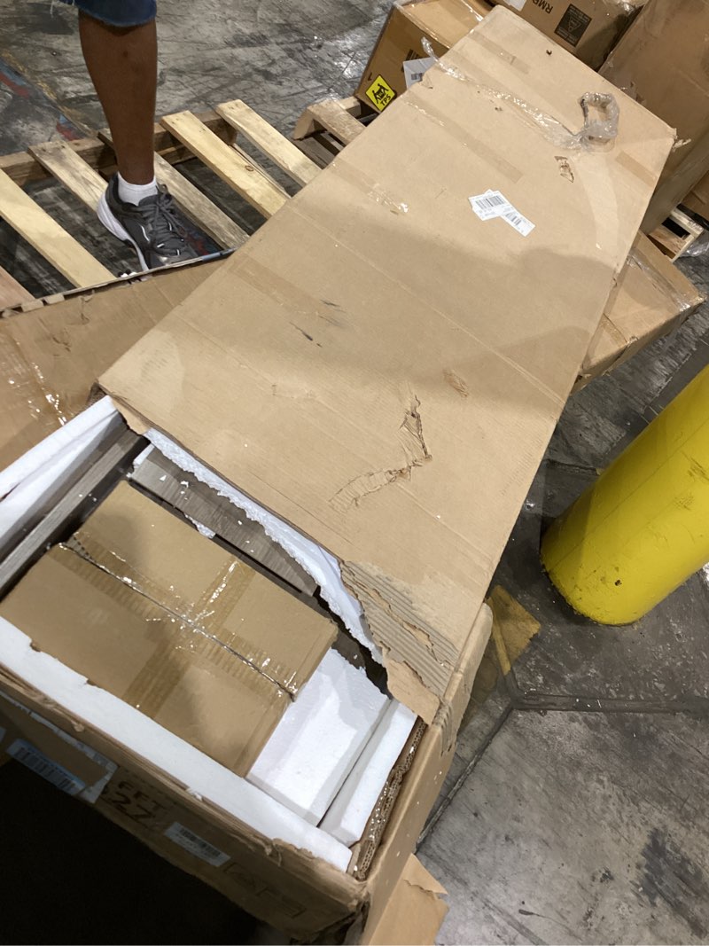 Condition photo showing As Is for farmhouse barn door tv stand, grey wash