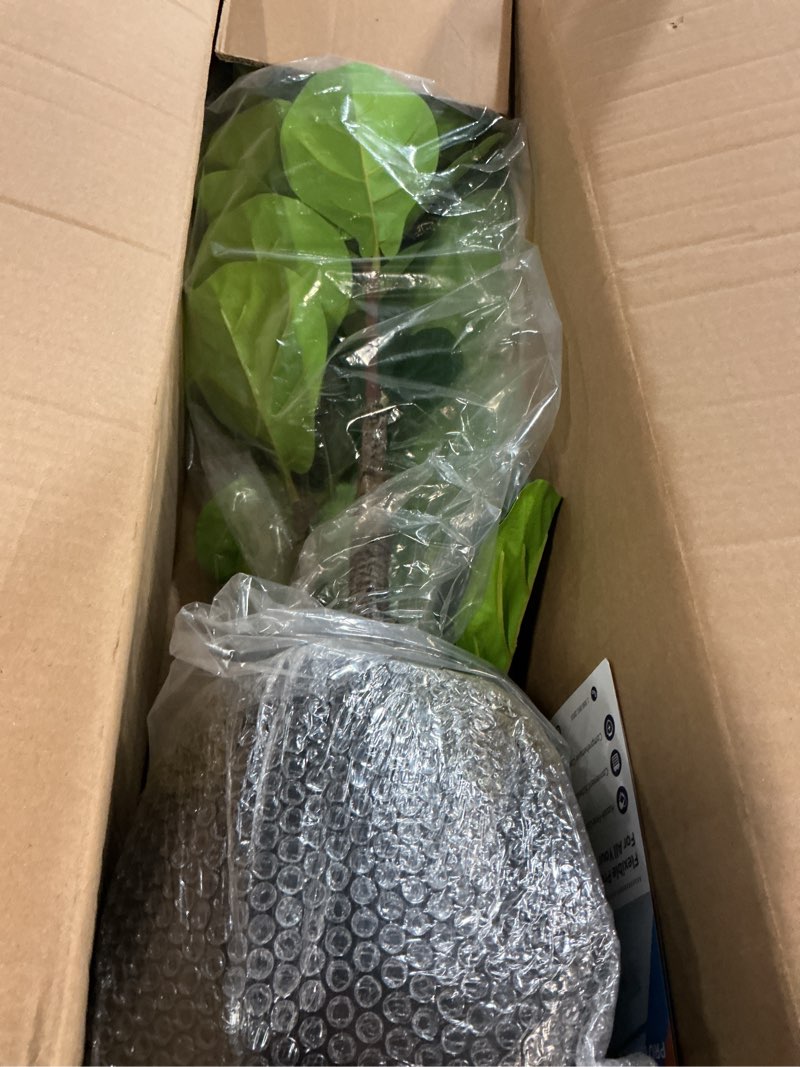 Condition photo showing New/Like New for 4 ft Fiddle Leaf Fig Tree Artificial with 48 Leaves - Realistic Faux Ficus Lyrata Trees in 7.8 in Grey Planter Pot, Indoor Fake Floor Plants for Home Office Living Room Decor, Housewarming Gift 4ft With Black Planter