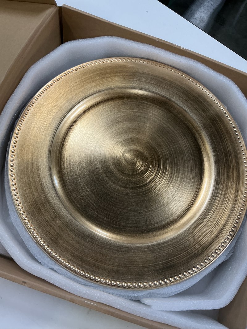 Condition photo showing Good Condition for gold charger plates 10pcs,13inch round beaded plastic charger plates,plate chargers bulk for wedding,dinner,party,decoration(gold 10) 1 beaded gold
