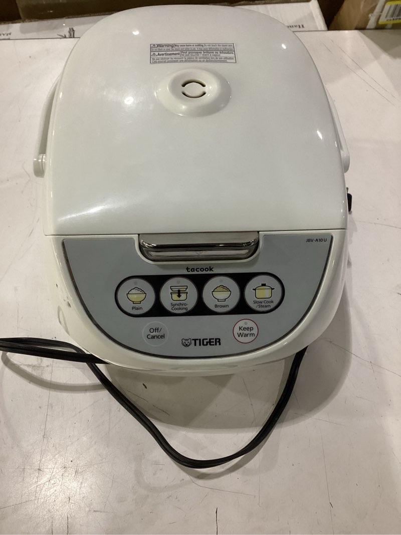 Condition photo showing As Is for **untested** tiger jbv-a10u 5.5-cup (uncooked) micom rice cooker and warmer with tacook food steamer cooking tray technology, white