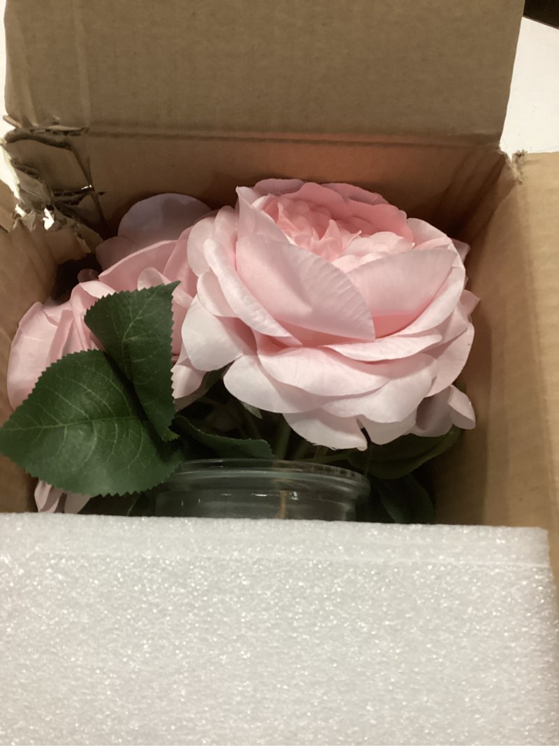 Condition photo showing Good Condition for Hollyone Pink Roses Peonies Artificial Flowers with Glass Vase Silk David Austin Roses Faux Flowers Arrangements with Clear Faux Water in Vase Fake Peonies Rose Peony Floral Bulk Bouquet Home Decor