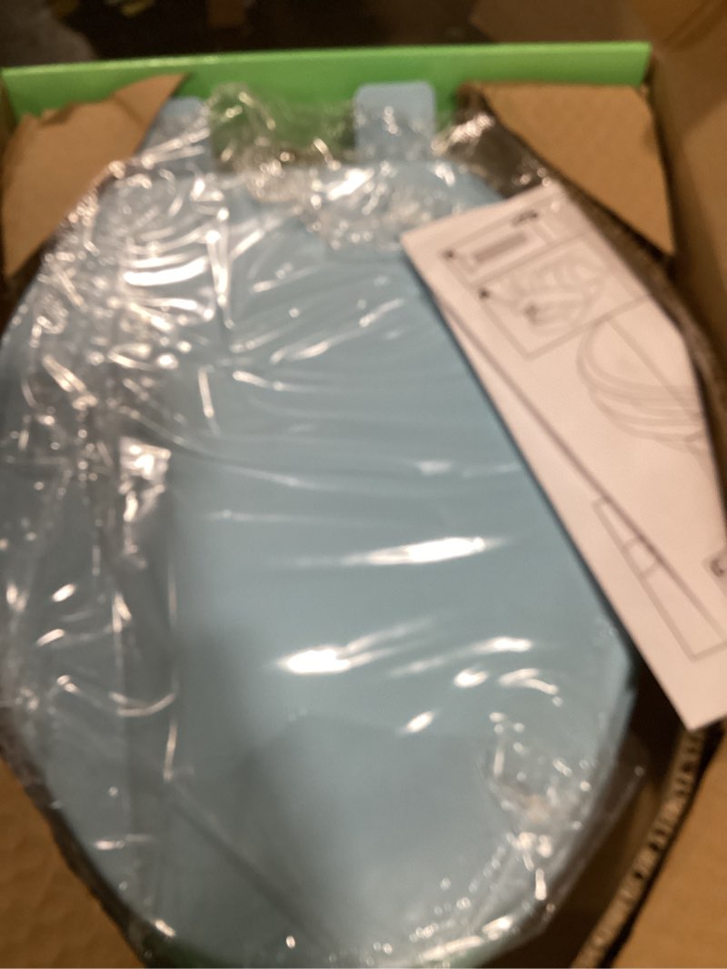 Condition photo showing As Is for toilet seat, slow close, soft touch, ultra-smooth matte finish (no orange-peel texture), premium moulded wood, quick release, piklids (sky blue, elongated) sky blue elongated