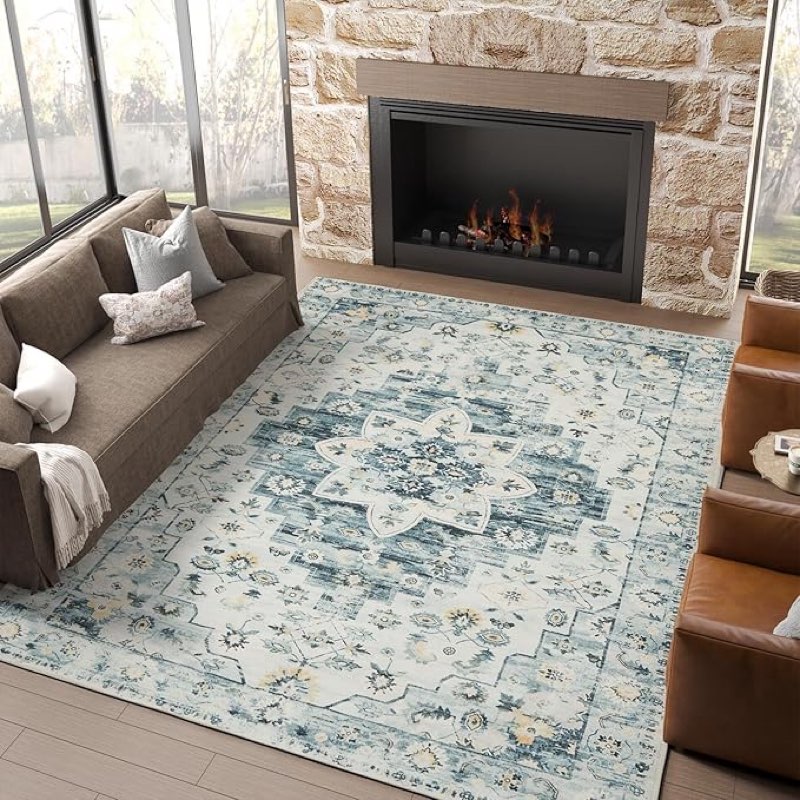 jinchan area rug 8x10 washable vintage living room rug soft large indoor distressed print accent floor cover lightweight non-slip carpet for bedroom kitchen dining room blue multi