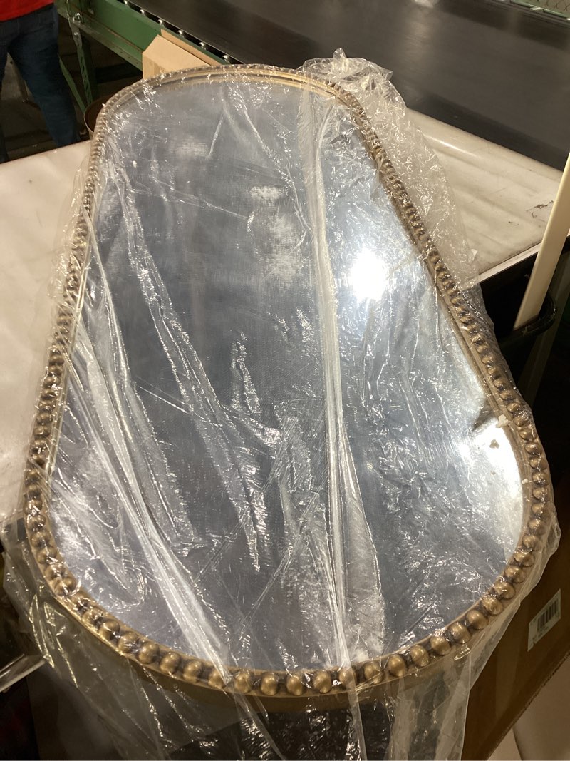 Condition photo showing New/Like New for Oval Full Length Mirror, 20"x53" Metal Beaded Frame Large Hanging Dressing Floor Mirror for Bedroom, Living Room, Entryway, Antique Gold (No Stand) 53"L x 20"W Gold Oval