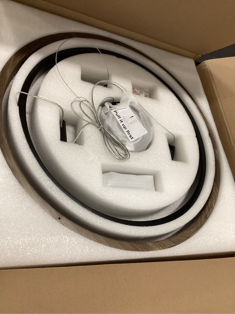 Condition photo showing Good Condition for LED Ring Chandelier Dimmable Black Chandelier Round Foyer Chandeliers Light Walnut Wood Black Circular Chandeliers for Dining Room Entry Bedroom Office Living Room, 24in Walnut Wood Black 30W Downlight
