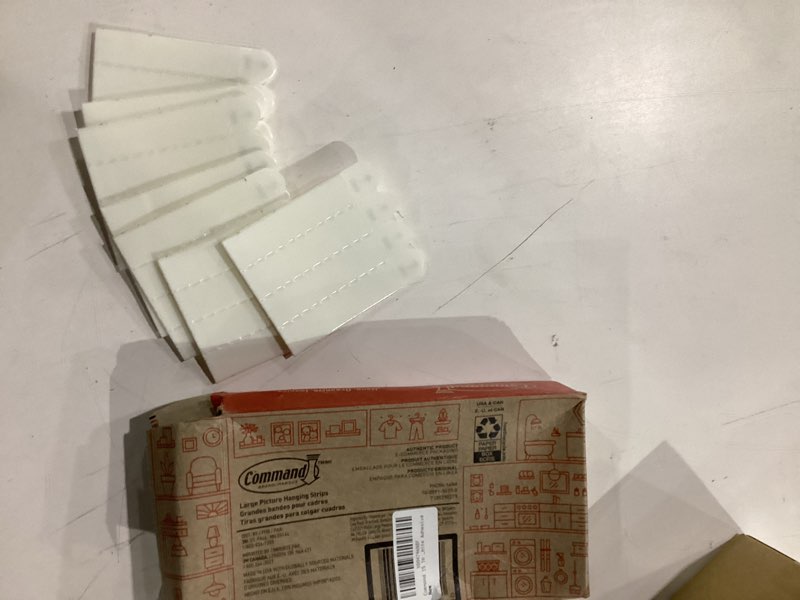 Condition photo showing As Is for command 15 lb large picture hanging strips 14 pairs (28 strips), damage-free hanging picture hangers, no tools wall hanger for home decor, white adhesive