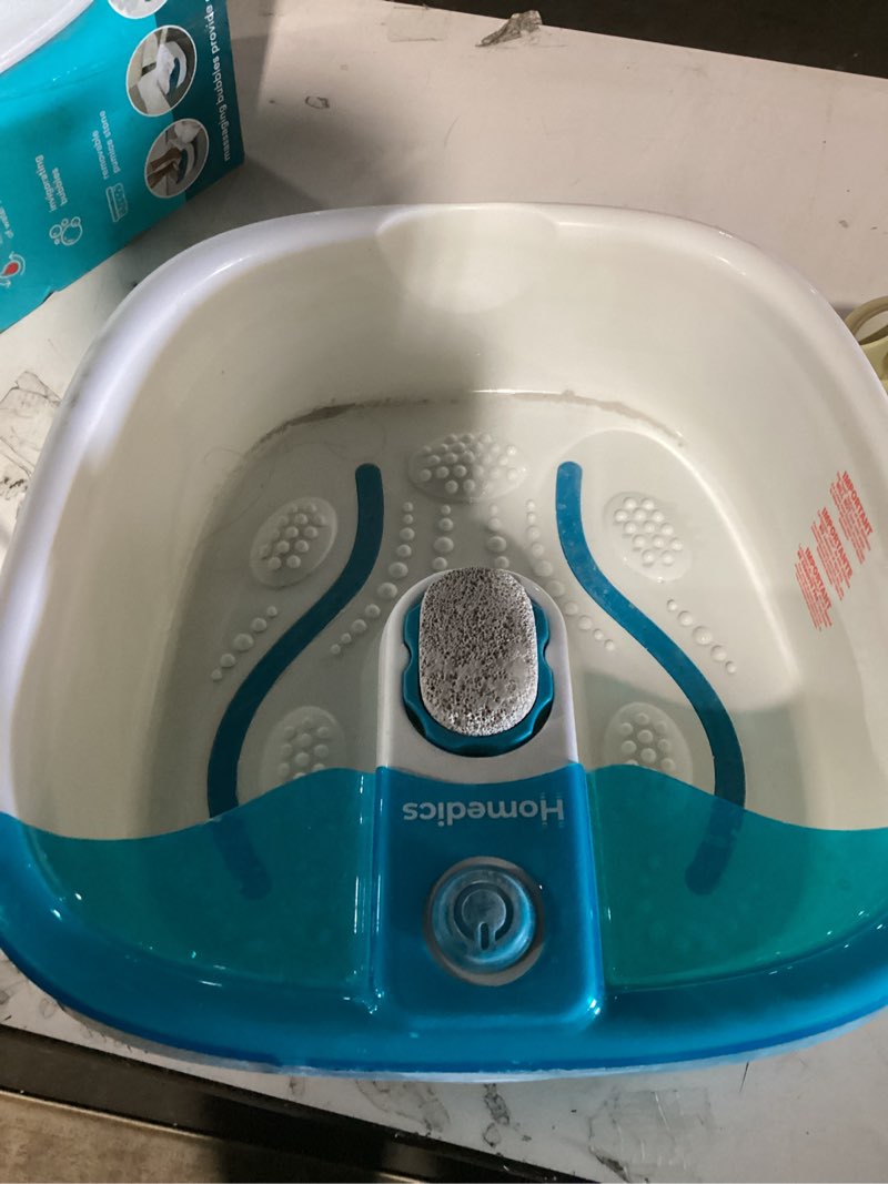 Condition photo showing Good Condition for homedics bubble mate foot spa, toe touch controlled foot bath with invigorating bubbles and splash proof, raised massage nodes and removable pumice stone