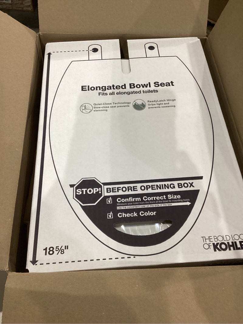 Condition photo showing As Is for KOHLER 4636-RL-0 Cachet ReadyLatch Elongated Toilet Seat Slow Close, Soft Close Toilet Seat Quiet Lid, Contoured Grip-Tight Bumpers Installation Hardware, Apartment Essentials, White White Elongated Ready Latch