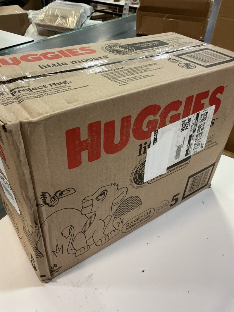 Condition photo showing New/Like New for huggies size 5 diapers, little movers baby diapers, size 5 (27+ lbs), 132 count (2 packs of 66), packaging may vary size 5 132