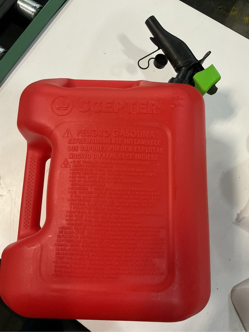 Condition photo showing As Is for scepter fscg571 smartcontrol gas can with rear handle - 5 gallon,red