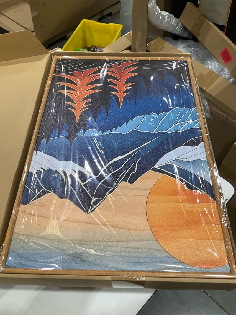Condition photo showing New/Like New for celestdeco boho vintage mountain framed canvas wall art set, blue abstract ridge wall decor, woodcut pine tree landscape wall painting, sunrise forest art print for living room, bedroom, office - 16"x24"x3 blue woodcut mountain wall art 16"l x 24"w