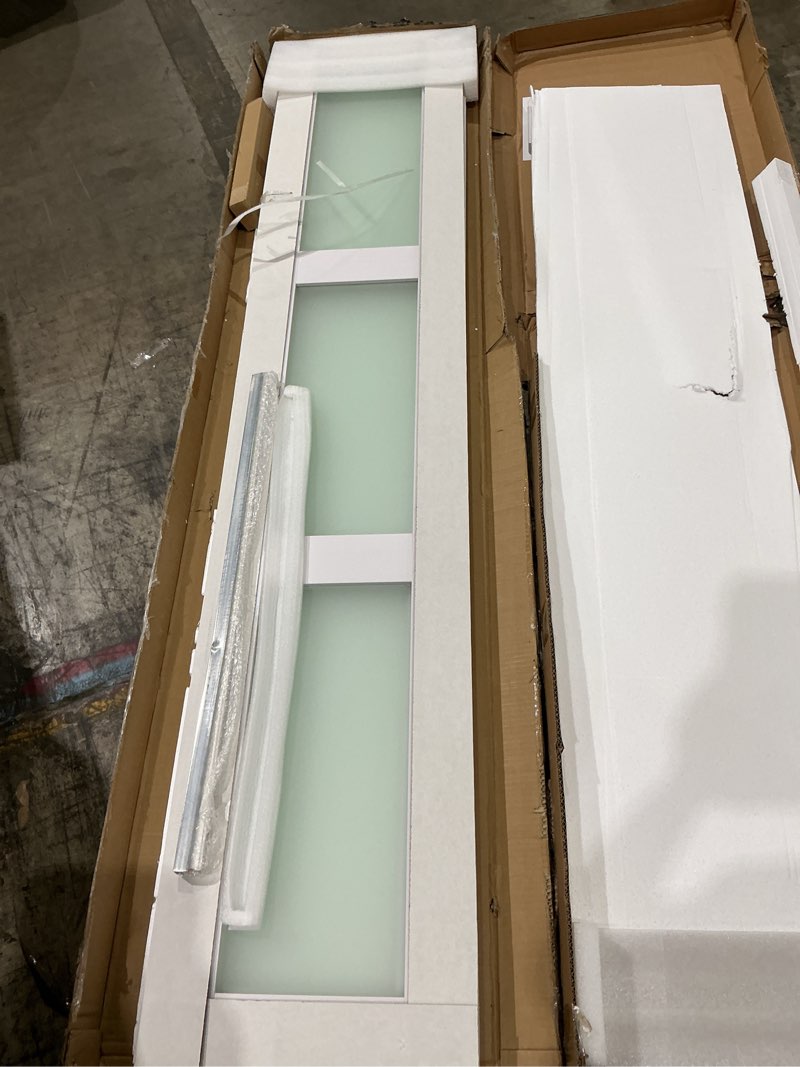 Condition photo showing Good Condition for double 18×84 inch glass barn door slab and 6.6ft hardware kit included, 3 frosted glass, lvl wood panel covered with white water-proof scratch-proof pvc surface, simple diy assembly double 18"x84" doors + 6.6' track kit white