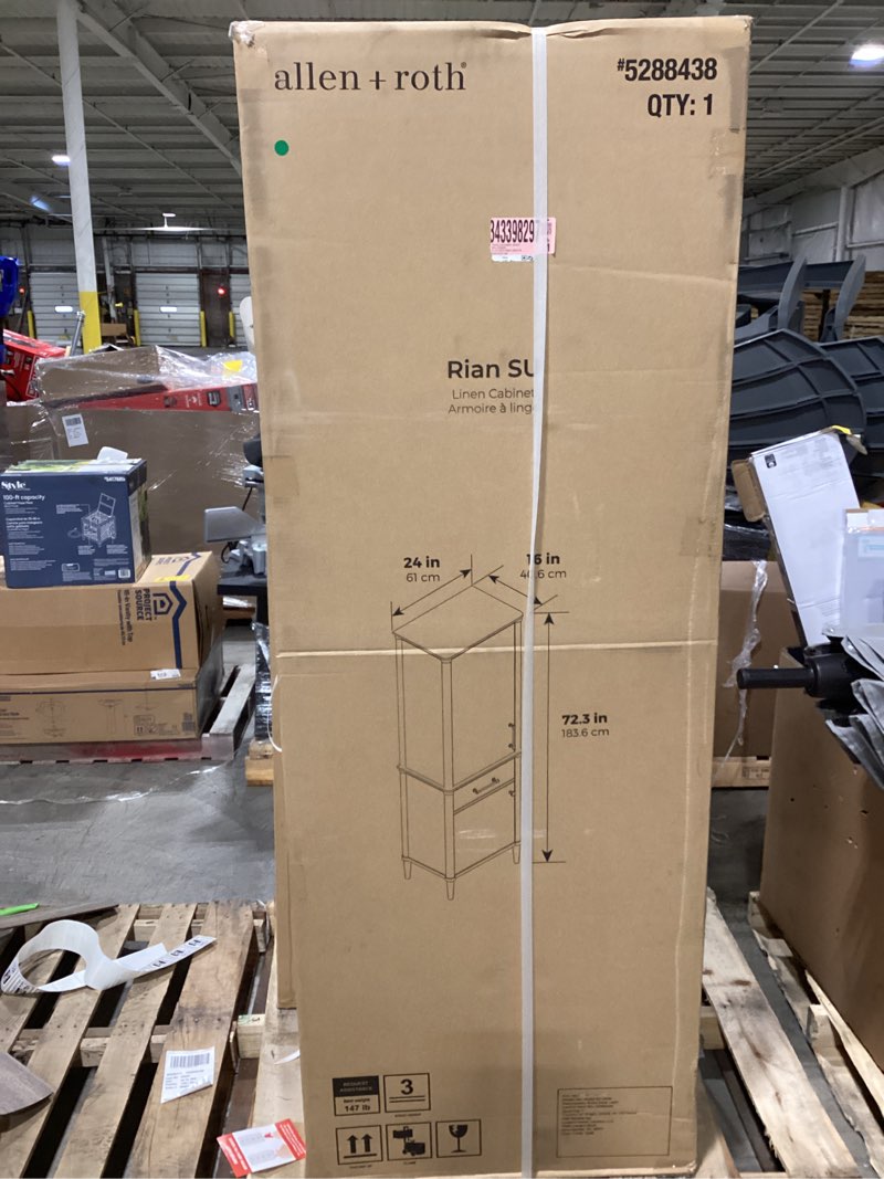 Condition photo showing New/Like New for allen + roth rian 24-in x 72-in x 16-in walnut wood freestanding soft close linen cabinet
