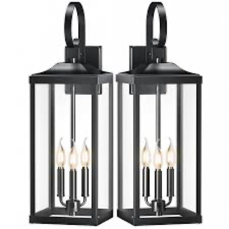 2 packs 24" extra large outside wall light fixture 3-light, black outdoor porch lantern wall mounted, waterproof modern outside wall sconce coach lamp for house, e12