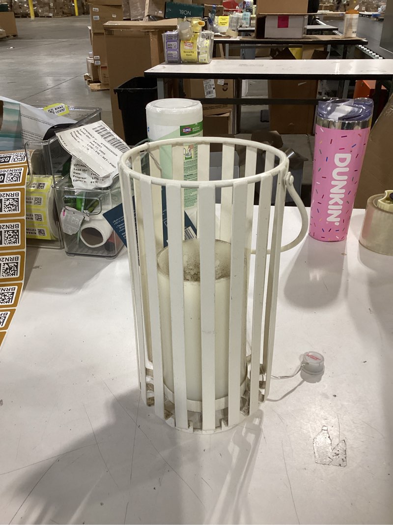 Condition photo showing As Is for Style Selections 5.75-in x 10.5-in Cream white Metal LED light Outdoor Decorative Lantern