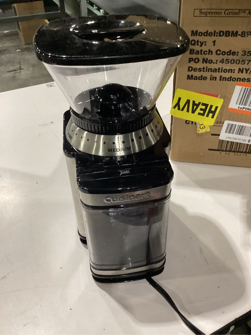 Condition photo showing As Is for NOT TESTED Cuisinart Coffee Grinder, Electric One-Touch Automatic Burr Coffee Grinder with 18-Position Grind Selector, Cup Size Selector for 4 – 18 Cups, DBM-8P1, Black Stainless Burr Mill Stainless Steel