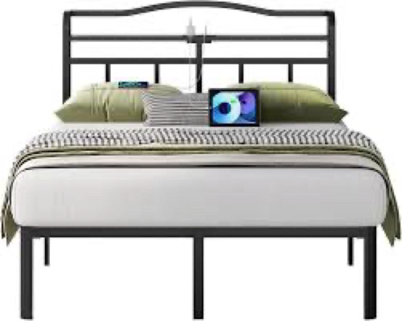 UOMEUR Metal Bed Frame with Headboard and USB & Type C Charging Station, Heavy Duty Metal Bed Frame 