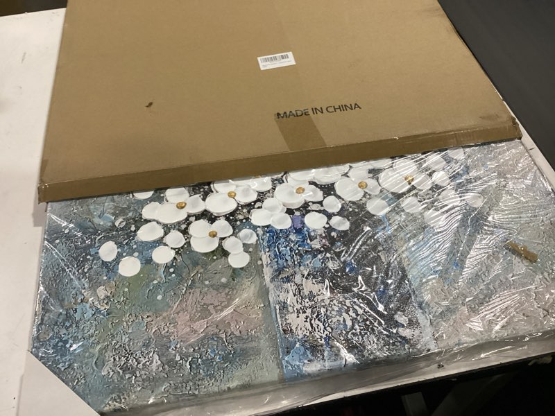 Condition photo showing New/Like New for waowumar flowers canvas wall art blue and white blossom pictures contemporary palette knife floral textured painting for bedroom living room decor white&blue 23.6"l x 23.6"w