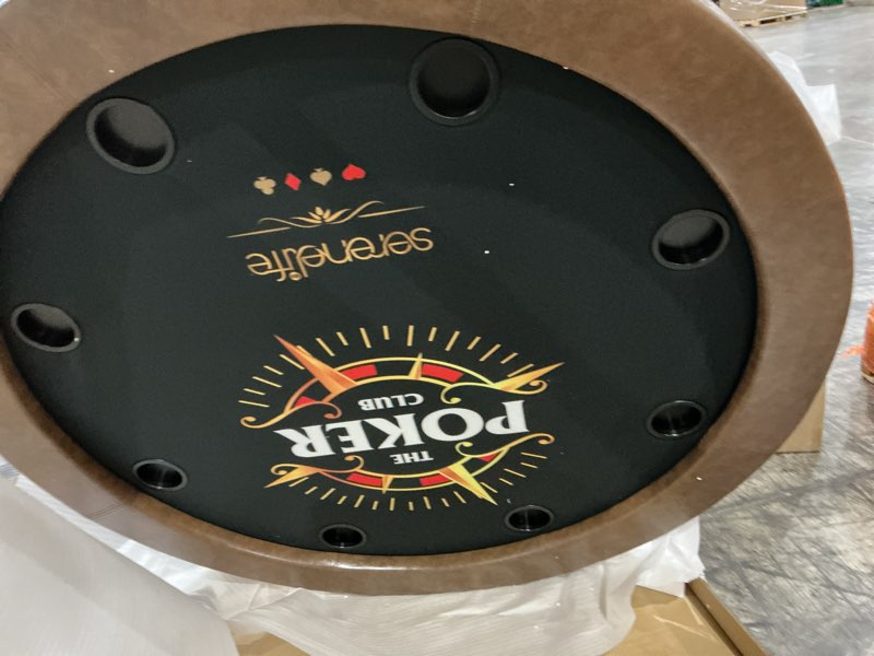 Condition photo showing Good Condition for serenelife 8 player round foldable poker table, casino leisure texas holdem table, w/water resistant cushioned rail, 8 cup holders, brown felt surface, black jack board & family games