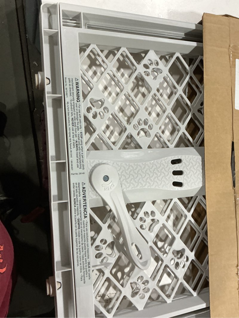 Condition photo showing New/Like New for mypet north states paws portable pet gate: 26-40" wide. pressure mount. no tools needed. made in usa. dog gate 23" tall, expandable, durable dog gates for doorways, light gray