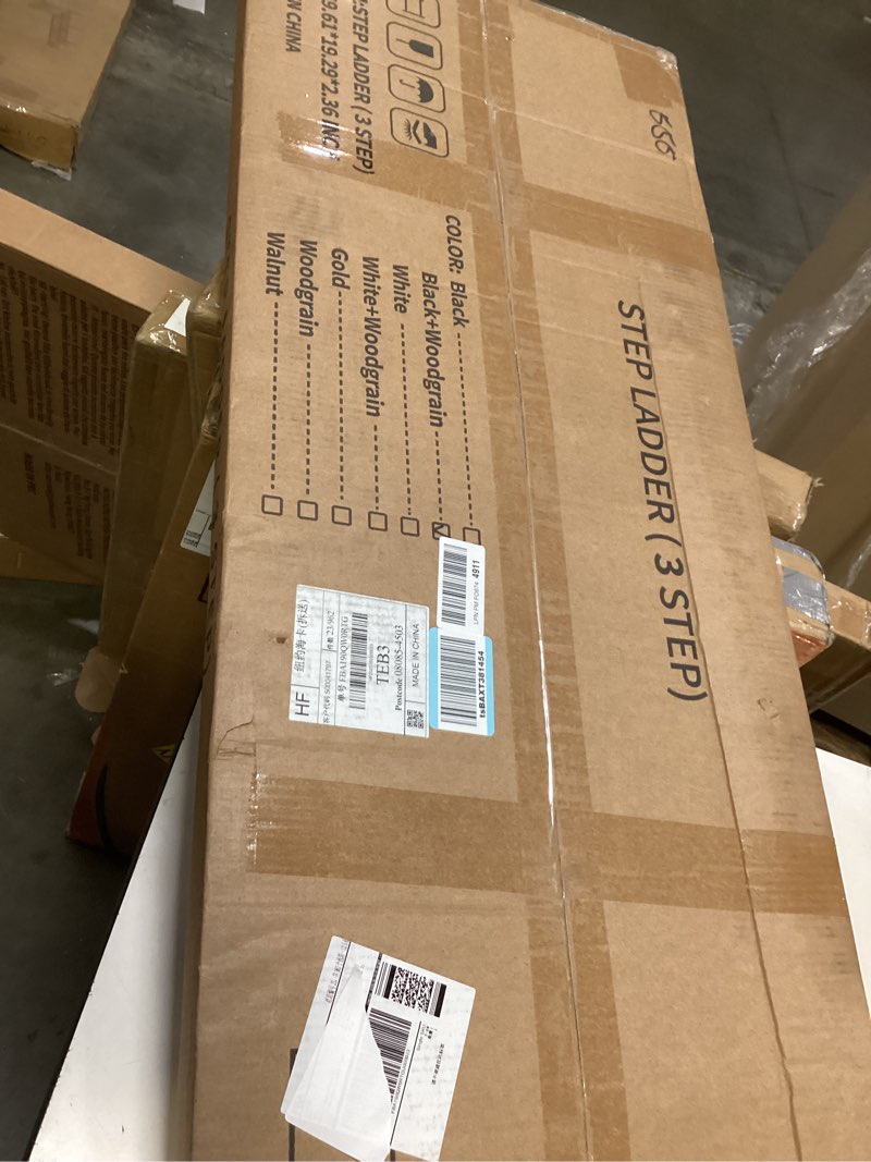 Condition photo showing New/Like New for HillhutApex 3 Step Foldable Aluminum Step Ladder with Handgrip, Anti-Slip Wide Pedal, 330 lbs Capacity, Lightweight & Portable for Home, Kitchen, Office (Black & Woodgrain) Black&woodgrain 3 Step