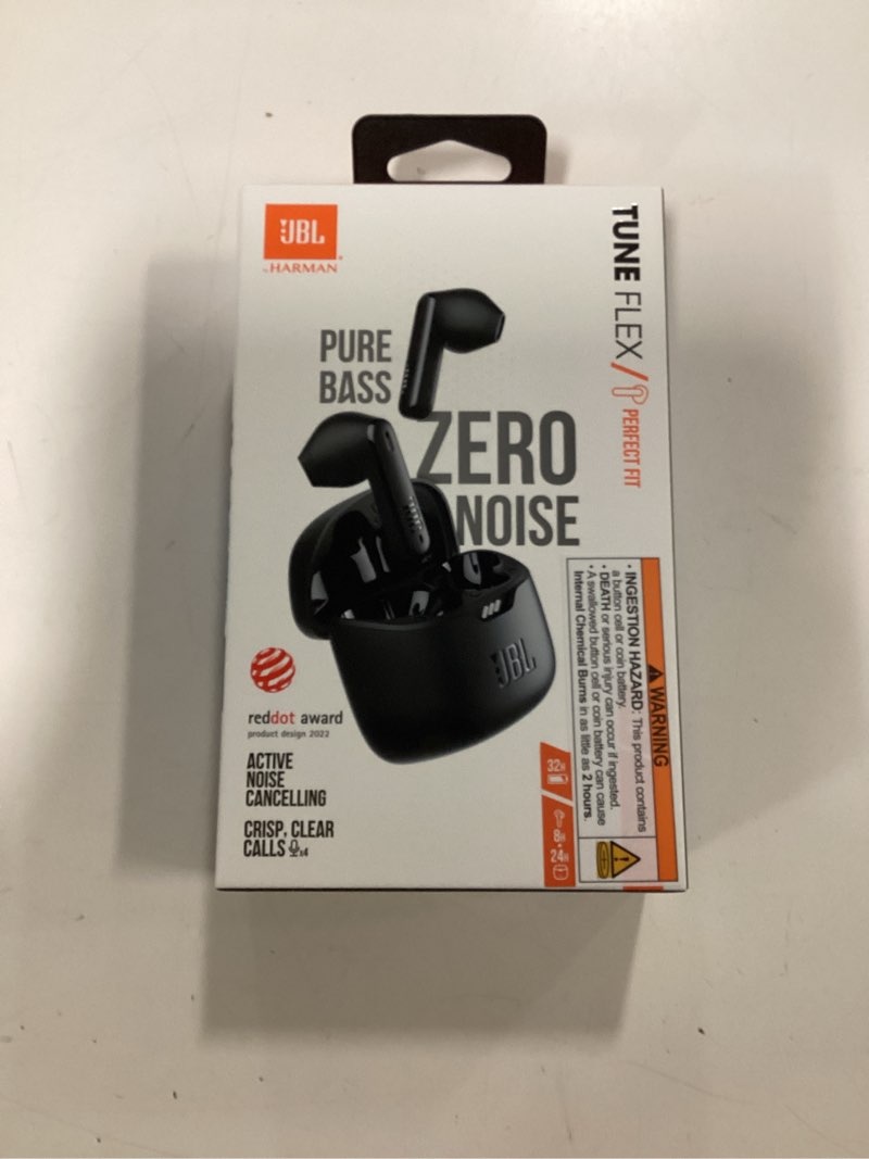 Condition photo showing New/Like New for JBL Tune Flex - True Wireless Noise Cancelling Earbuds (Black), Small Black Small Earbuds