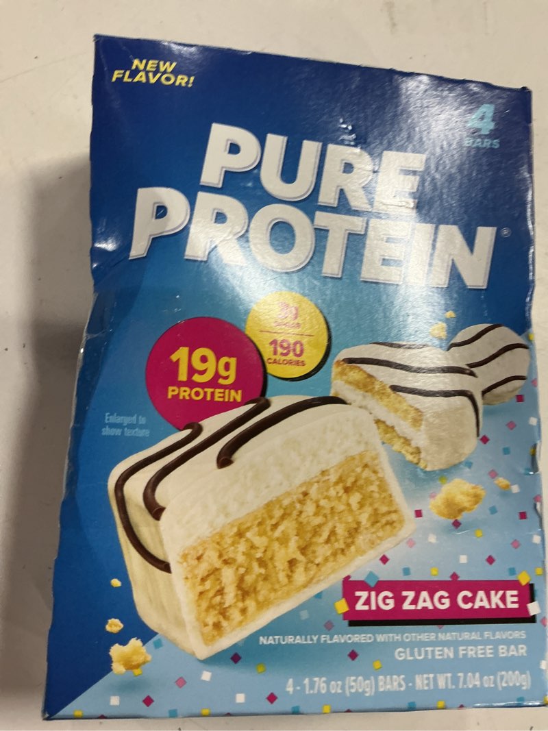 Condition photo showing New/Like New for (best by 02/14/27) pure protein zig zag cake protein bars – 19g protein, 3g sugar, 190 calories (4 count) low sugar* hi