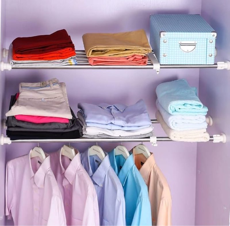 baoyouni expandable closet tension shelf rod organizer adjustable storage rack heavy duty clothes hanger metal space saving divider for bathroom kitchen cupboard wardrobe bookshelf 32''-46'', ivory