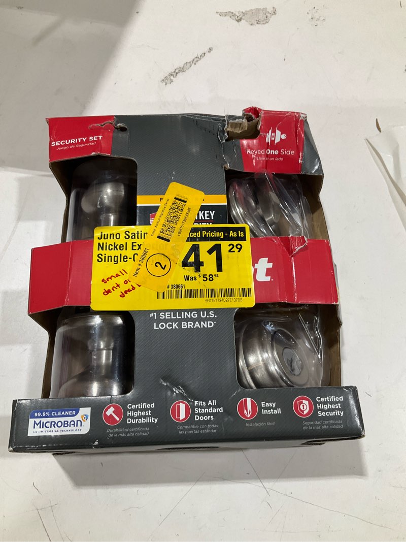 Condition photo showing As Is for kwikset smartkey juno satin nickel deadbolt and entry door knob kw1 1-3/4 in.