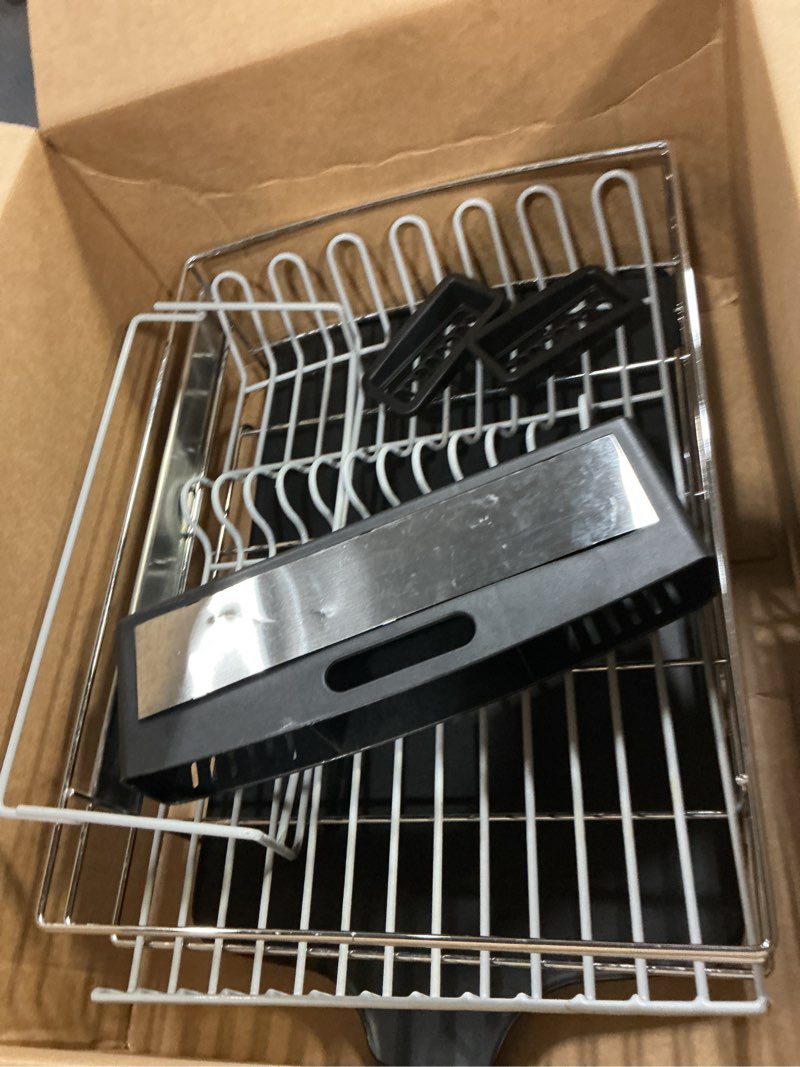 Condition photo showing As Is for sabatier dish drying rack with second tier, rust resistant wires and angled drain board, utensil caddy compact dish drying rack