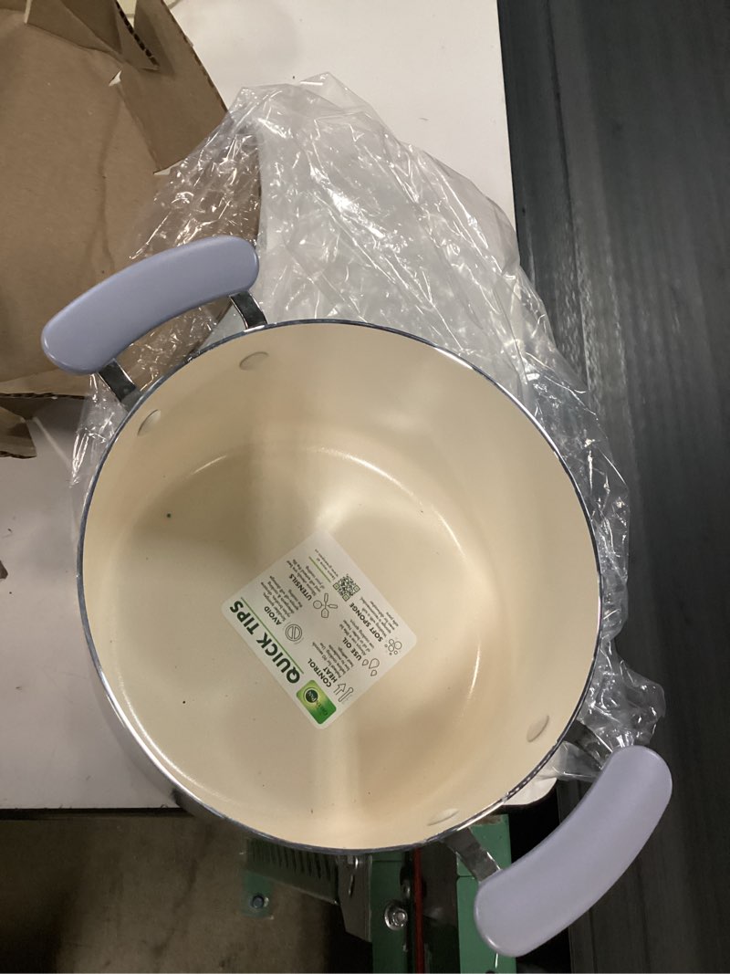 Condition photo showing As Is for greenlife 5qt ceramic nonstick stockpot with lid, slate blue | pfas-free nonstick coating, casserole pot, soup pot, pasta pot, induction ready, all stovetop compatible, dishwasher safe 5 quarts slate blue
