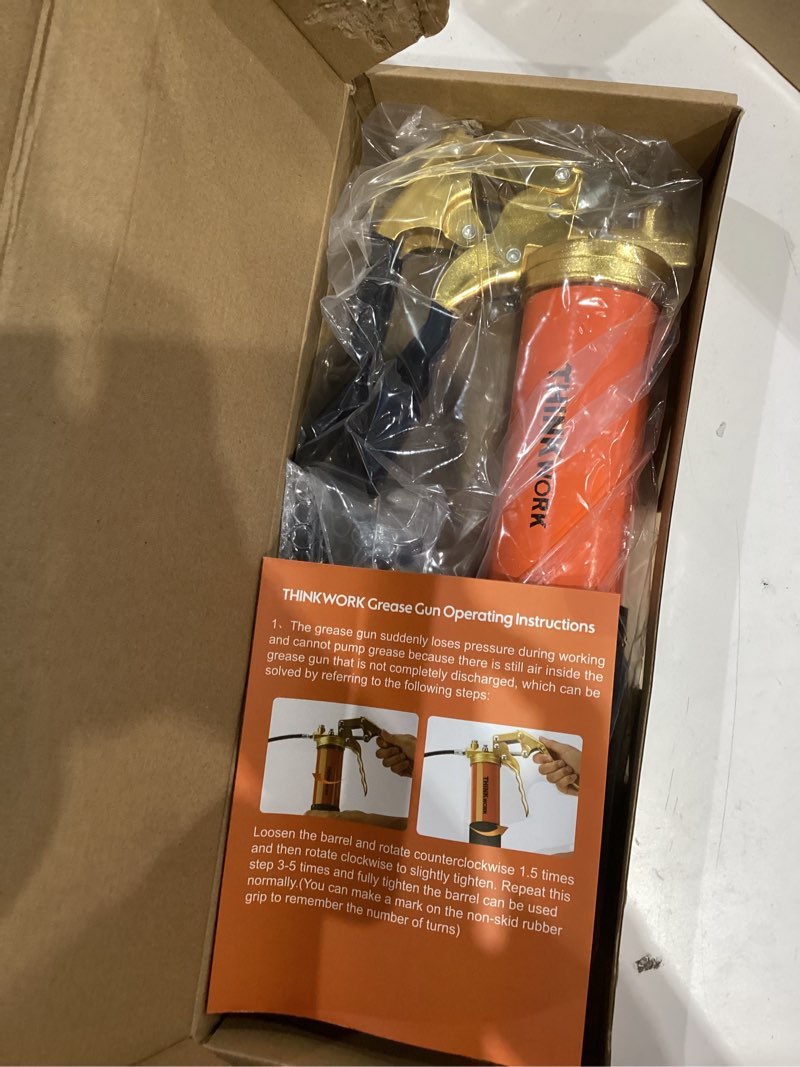 Condition photo showing Good Condition for THINKWORK 8000 PSI Professional Heavy Duty Grease Gun Kit for 14 Oz Tubes, Pistol Grip Lube Grease Guns Tool with 0.53" Coupler & 90° Adaptor - Automotive, Marine, Industrial, Agricultural Machinery