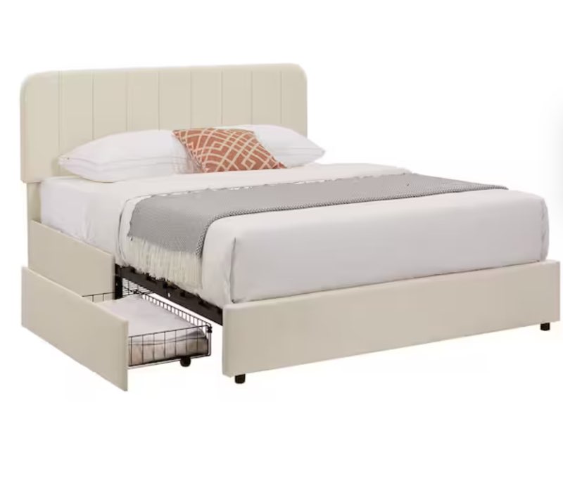 Upholstered Beige Metal Frame  KING   Size Platform Bed Frame with 4 Storage Drawers and Headboard Wooden Slats Support