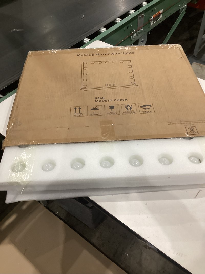 Condition photo showing New/Like New for moonee vanity mirror with lights, hollywood lighted makeup mirror with 15 dimmable bulbs and 10x magnification, 3 colors modes, light up mirror, perfect valentine's day gift for her?23" x 18"? white 23"l x 18"w