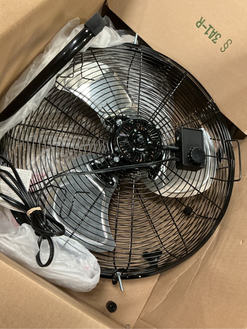 Condition photo showing As Is for amazon basics 20" high velocity industrial fan, floor fan, with 3 speeds, tilt head, etl-listed safety compliance, metal housing/blades, ideal for industrial/commercial space/garage/gym, 125w, black 20 inch (blades diameter) black