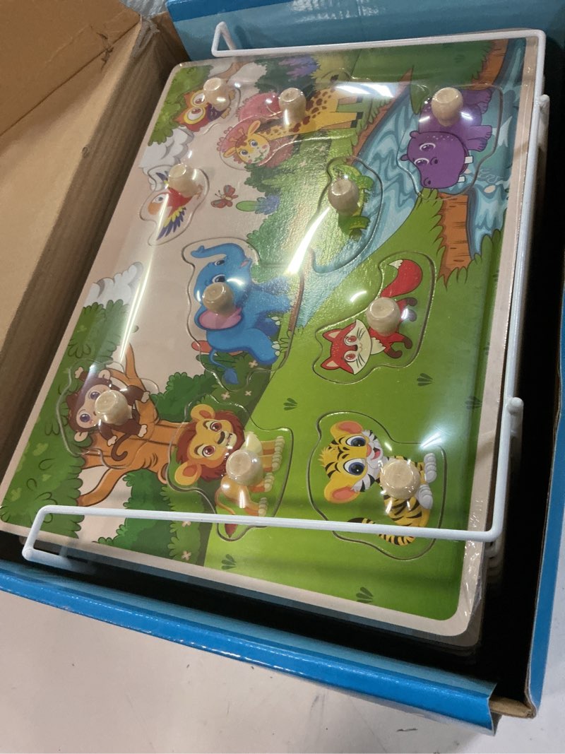 Condition photo showing New/Like New for synarry wooden puzzles for toddlers 1-3, 6xset puzzles for toddlers 2-4 with rack, learning alphabet number animal dinosaur vehicle for kids, education toys for 2 3 years boys girls