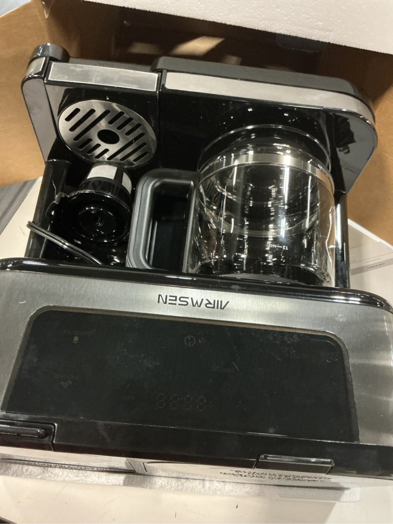 Condition photo showing As Is for airmsen 12-cup programmable dual coffee maker – single serve machine for k-cup pods & ground, 1000w fast brew, delay start, 2h keep warm, touchscreen, 60oz tank, glass carafe – home & office 12 cup