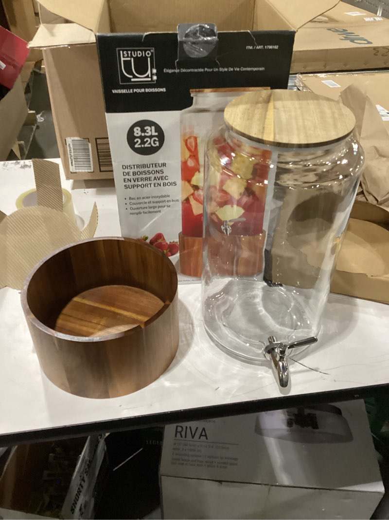 Condition photo showing Good Condition for The Studio Tu Glass Drink Dispanser with acacia wood stand