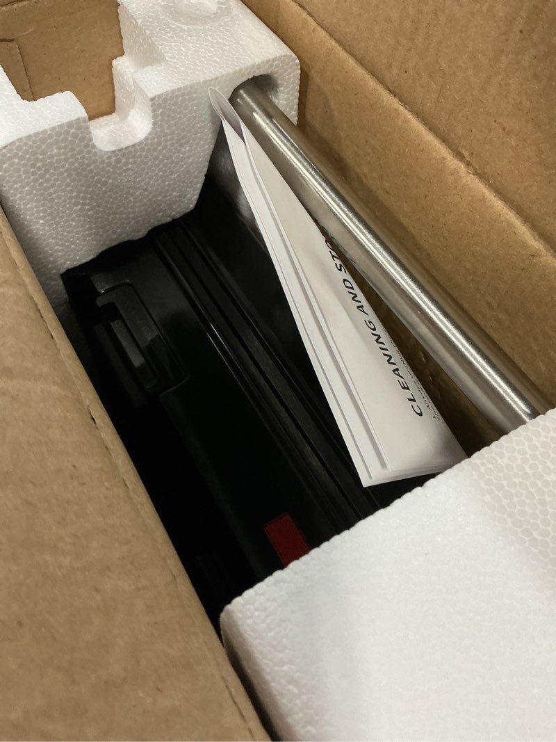 Condition photo showing As Is for panini press grill, 1000w sandwich maker with non-stick coated plates, opens 180 degrees for any size of food, 3-in-1 sandwich press electric grill, stainless steel surface and removable drip tray black