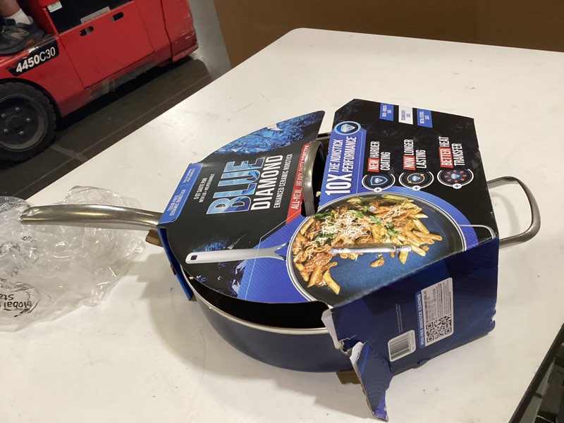Condition photo showing Good Condition for blue diamond 5qt saute pan with lid, non toxic pfas-free diamond ceramic nonstick, dishwasher & oven safe, metal utensil safe, deep jumbo cooker skillet with helper handle, glass lid, blue blue 5 quart saute pan with lid