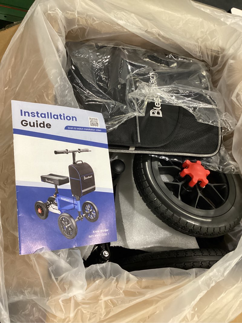 Condition photo showing Good Condition for aojin knee scooter for adults for footinjuries, 300lbs capacity, all terrain foldable knee scooter walker with bag, 13" wide pu seat, compact crutches alternative (blue) blues