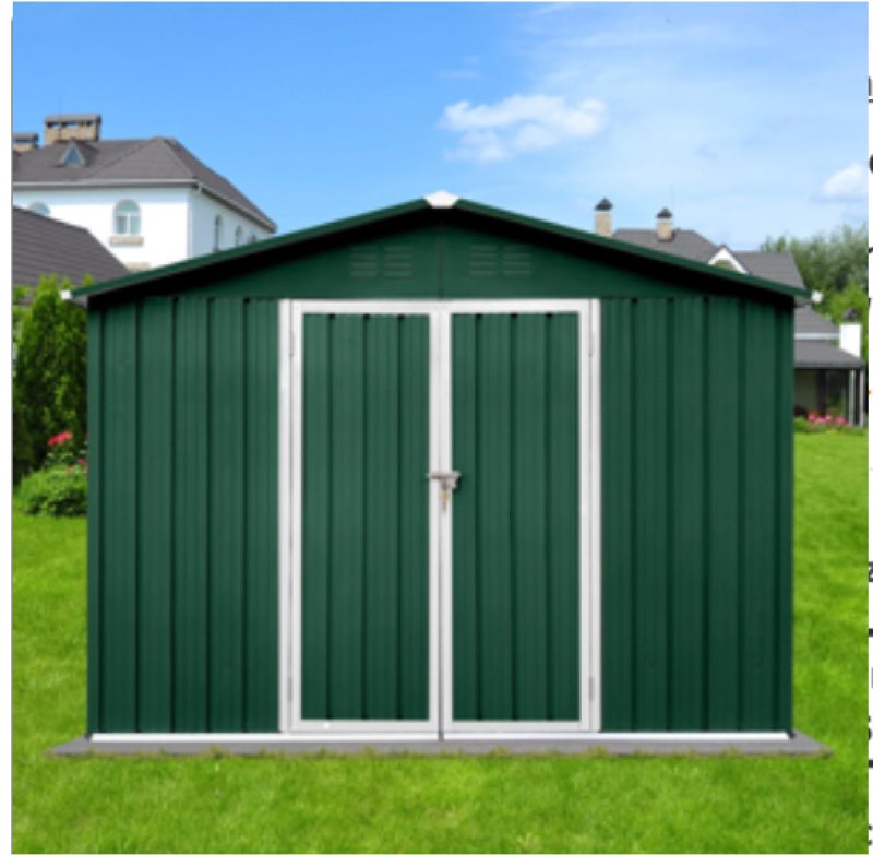 metal garden sheds 10ft×8ft outdoor storage sheds green + white (incomplete)