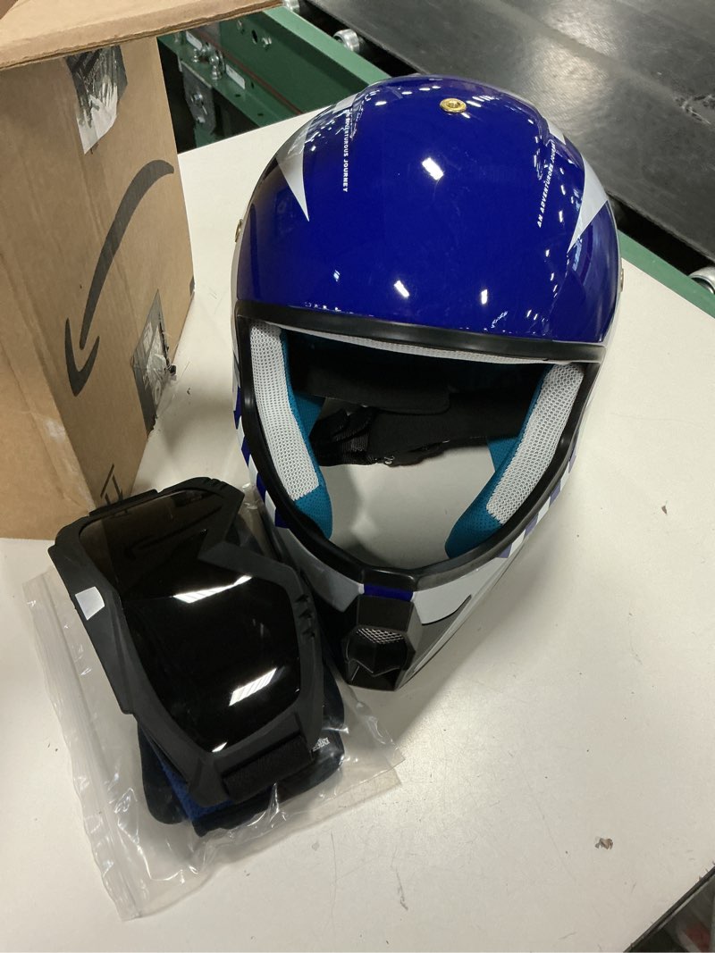 Condition photo showing As Is for Youth Dirt Bike Helmet DOT Certified - Full Face Motorcycle Helmet for Off-Road, ATV, Street Riding, Includes Adjustable Goggles & Protective Gloves XL