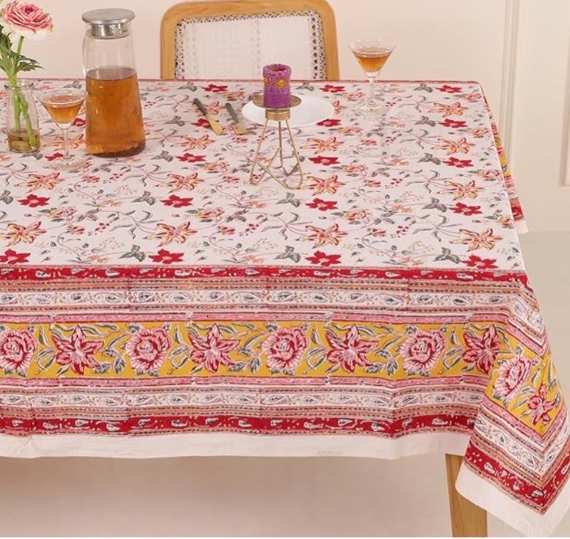 Premium Handblock Printed Cotton Floral Tablecloth/Table Cover, Rectangular, Washable, Pre-Washed, E
