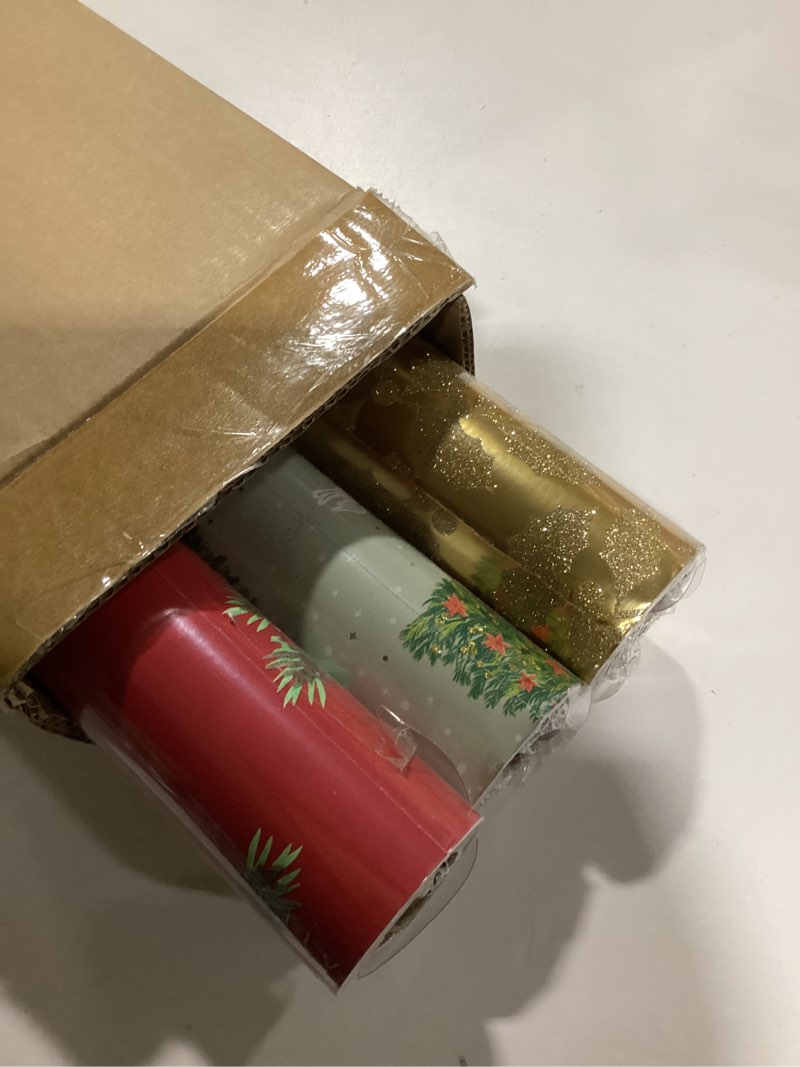 Condition photo showing Good Condition for Papyrus Christmas Wrapping Paper Bundle, Gold Holly, Christmas Trees, White Floral (3 Rolls 70 sq. ft)