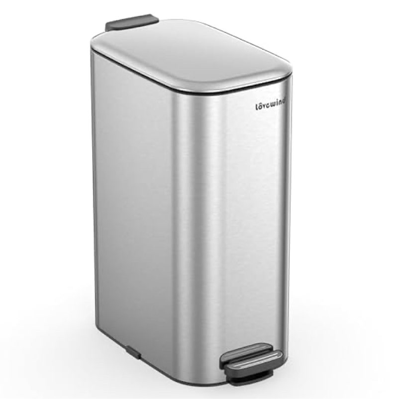 Lovewind Trash Can with Lid, 8 Gallon/30 L Footstep Garbage Can for Kitchen Bathroom Bedroom Home Office, 20 Liter Trash Bin Brushed Stainless Steel Waste Bin with Soft-Close Lid, Silver
