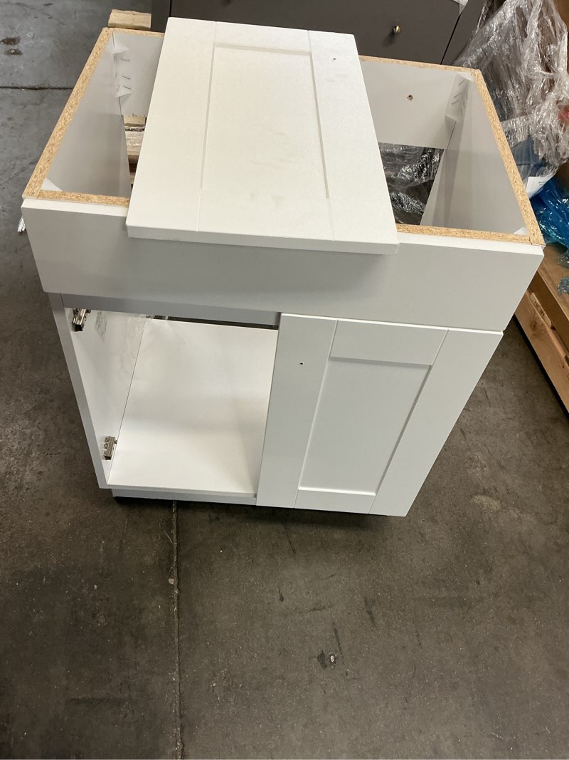 Condition photo showing As Is for 1k+ bought last week project source dover 24-in true white single sink bathroom vanity with white cultured marble top 1k+ bought last week project source dover 24-in true white single sink bathroom vanity with white cultured marble top
