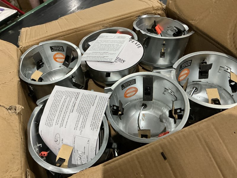 Condition photo showing As Is for 12 pack 6 inch remodel recessed housing,recessed lighting housing,ic rated & air tight, tp24 connector, etl listed