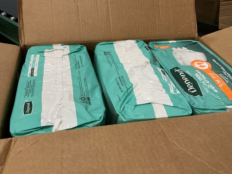 Condition photo showing Good Condition for depend adult diapers with tabs, incontinence protection with tabs, unisex, small/medium (19–34" waist, up to 170 lbs), maximum absorbency, 60 count (3 packs of 20)